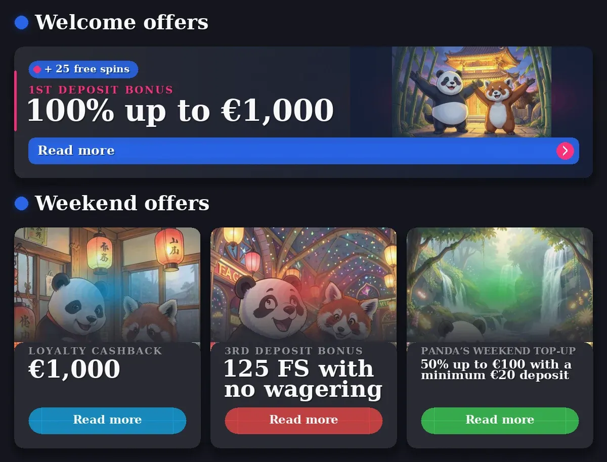 SpinPanda Casino: 100% €1,000, €1,000, 125 FS with no wagering, 50% up to €100 with a minimum €20 deposit